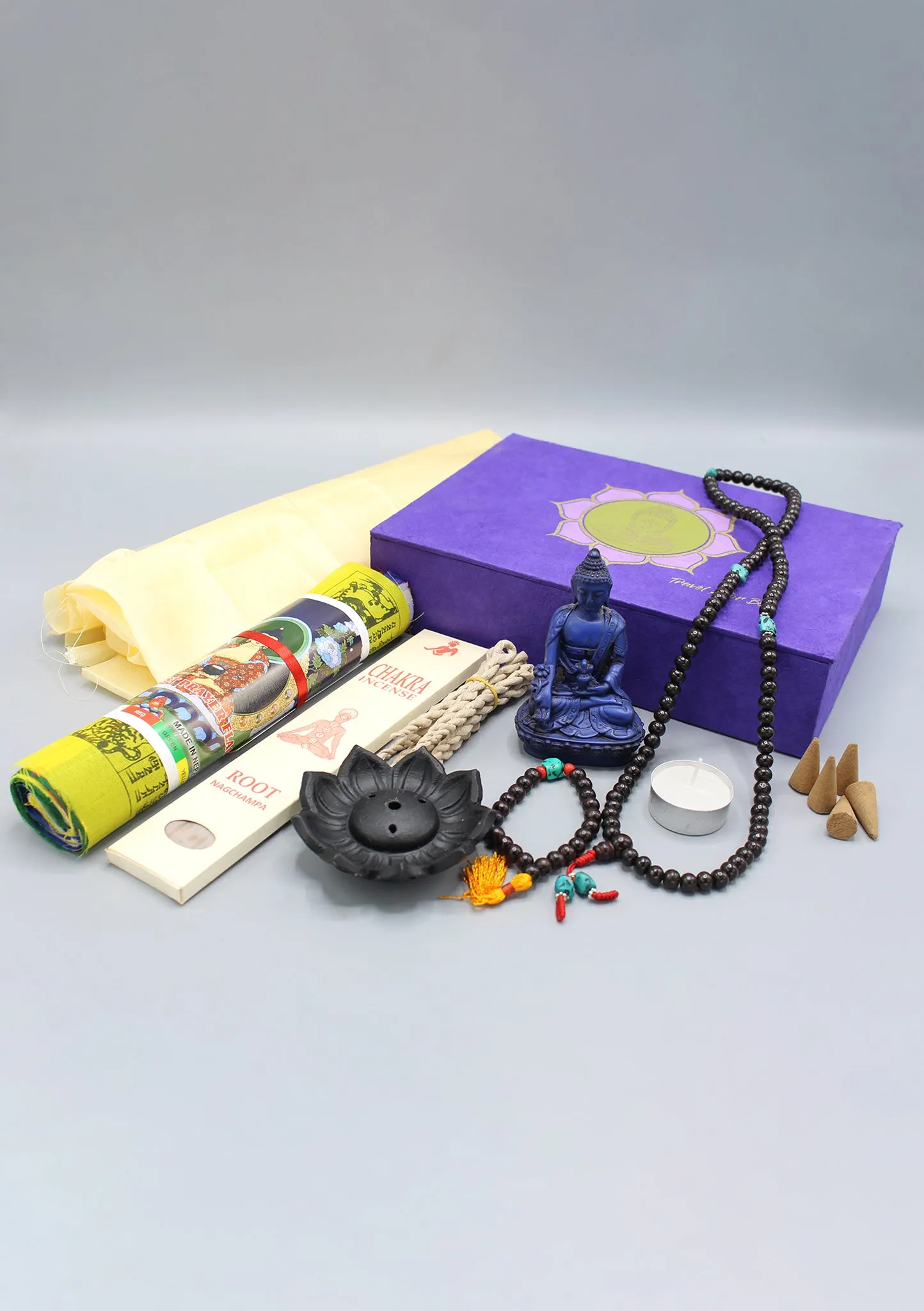 Prayer Flags, Mala and Statue Buddhist Travel Altar Box