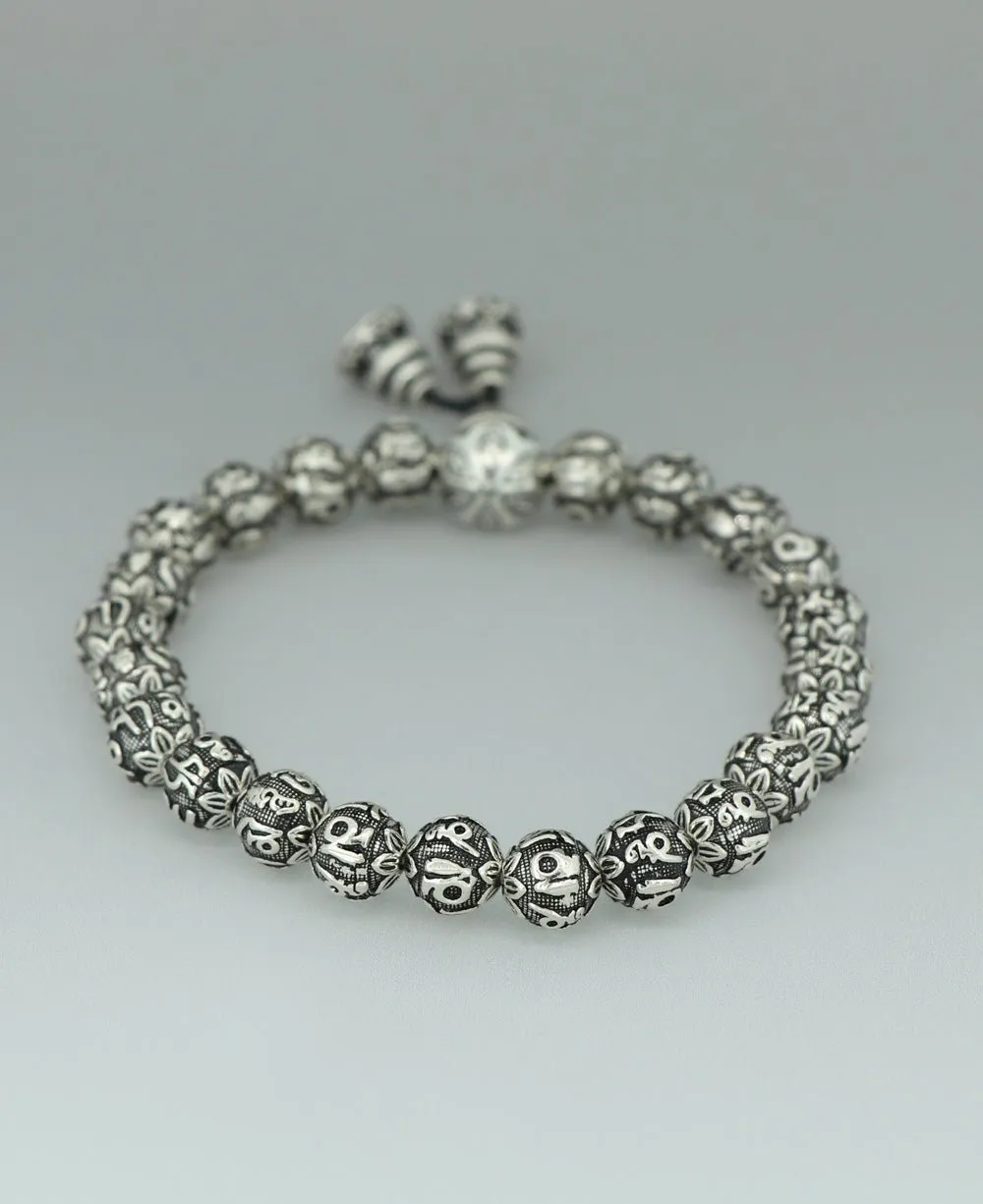 Premium Sterling Silver Om Mani Padme Hum Mantra Beads Women's Stretch Bracelet