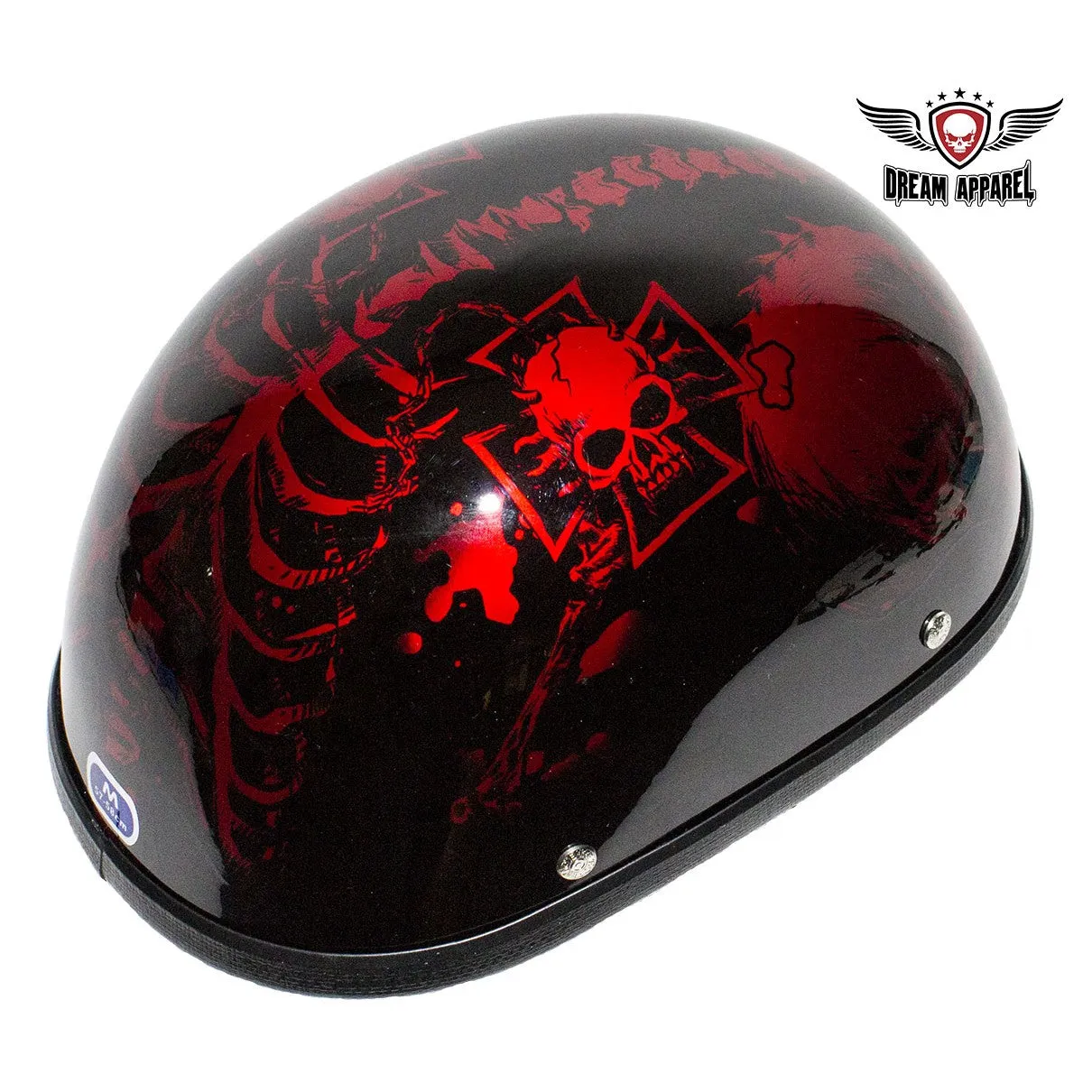 Shiny Burgundy Motorcycle Novelty Helmet with Horned Skeletons