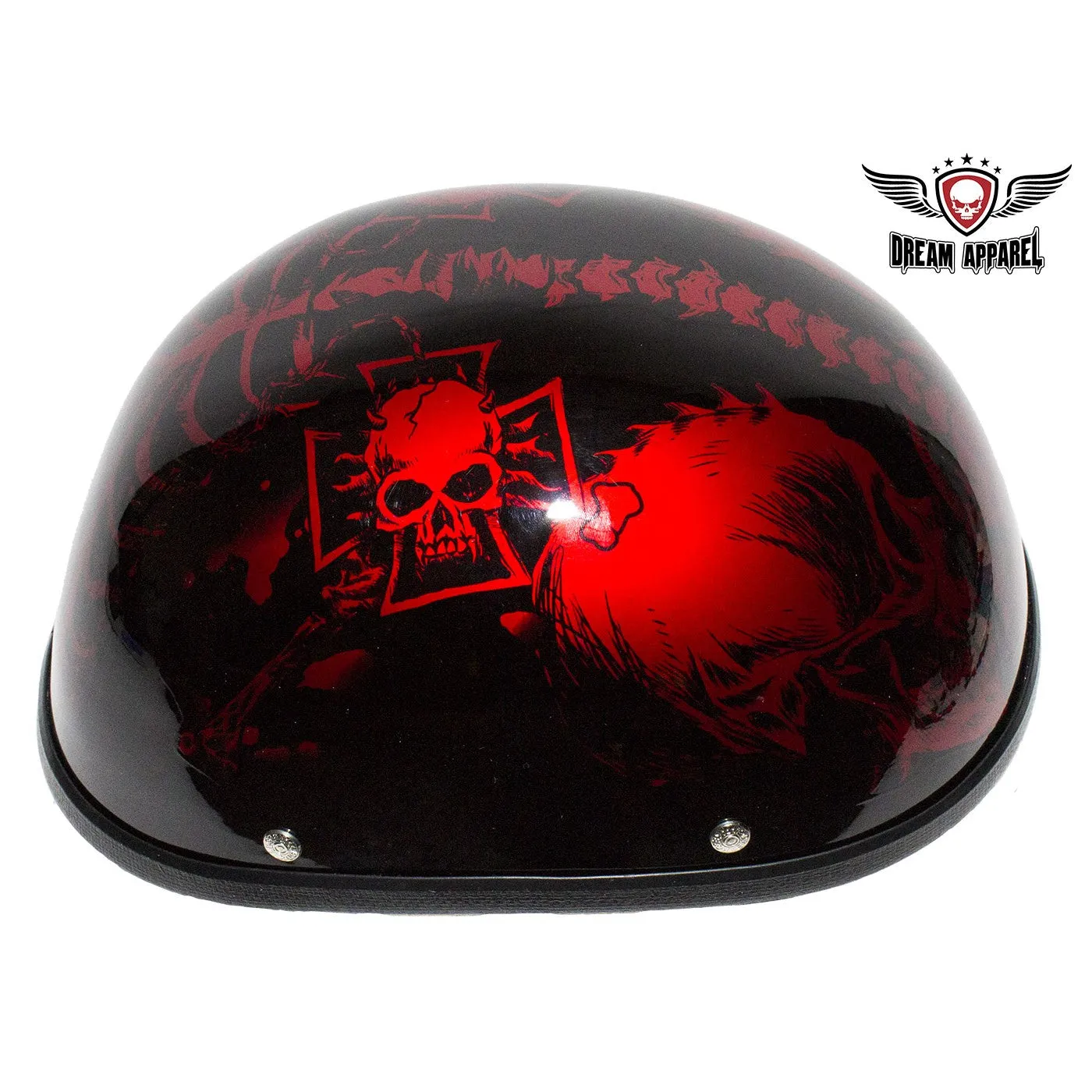 Shiny Burgundy Motorcycle Novelty Helmet with Horned Skeletons