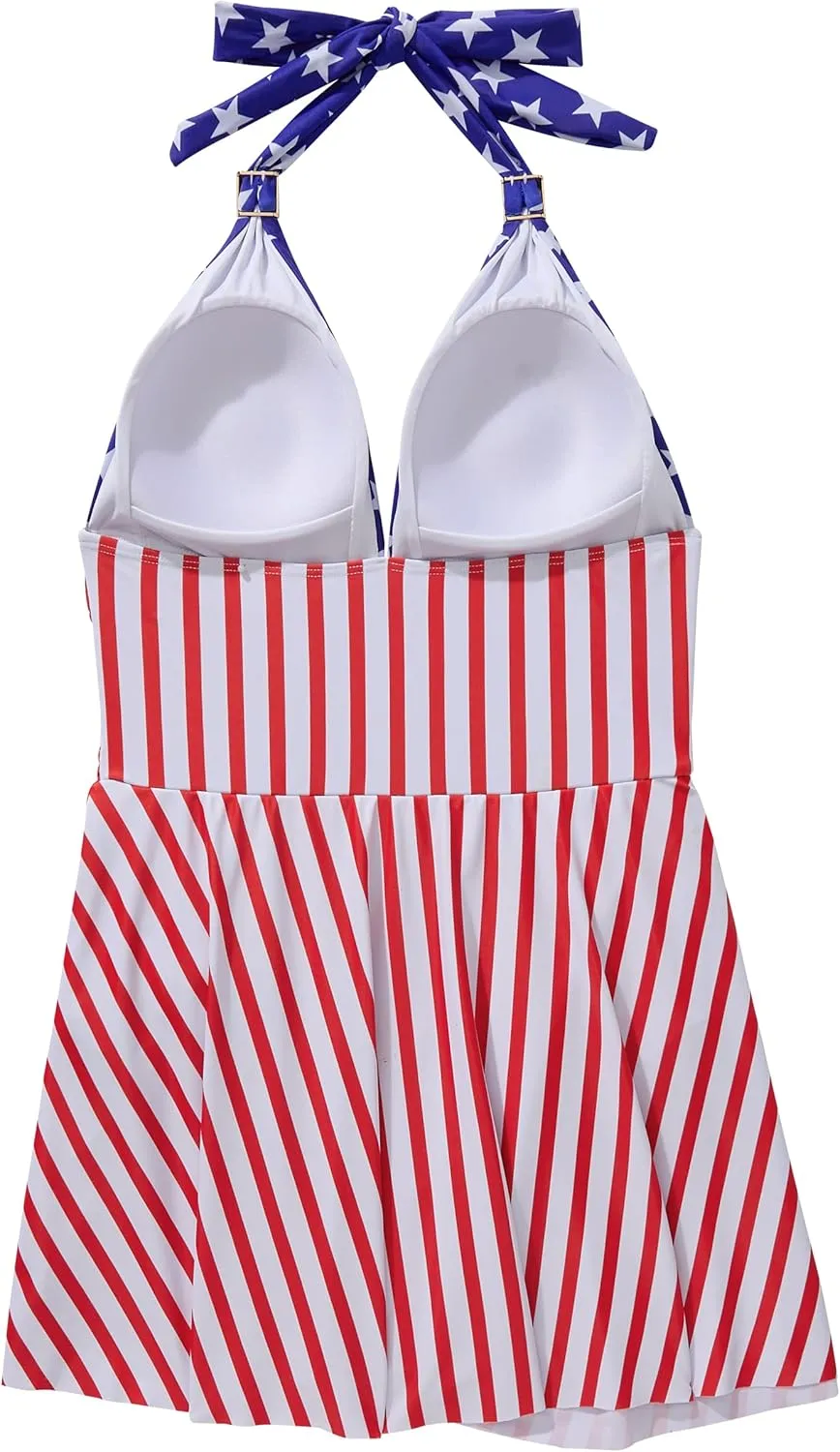 SUUKSESS Women One Piece Swim Dress Tummy Control Swimsuit Tie Knot Bathing Suit