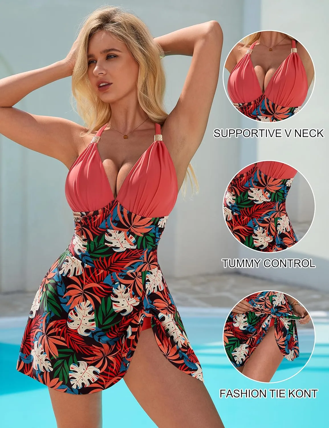 SUUKSESS Women One Piece Swim Dress Tummy Control Swimsuit Tie Knot Bathing Suit