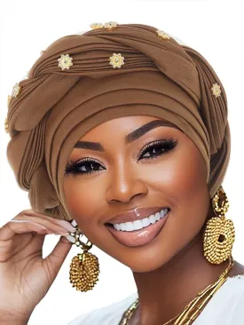 Woeoe Women African Turban Pre-Tied Twisted Beanie Cap Headwear Rhinestone Soft Stretchy Head Turbans