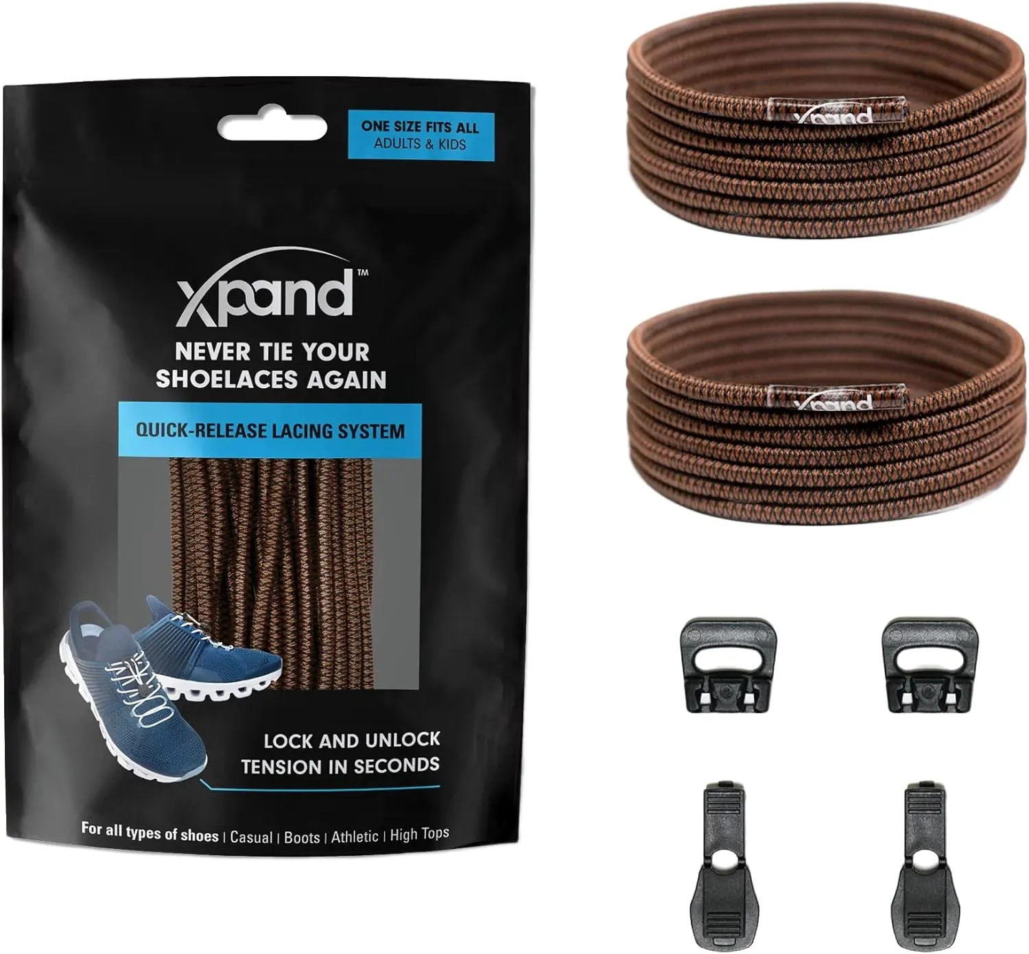 Xpand Round Lacing. Elastic No Tie Shoelaces - Quick Release Tension Control - One Size Fits All Adult and Kids Shoes