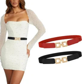 XZQTIVE 2 Pack Women Skinny Stretchy Cinch Belt for Dresses, Thin Elastic Belt Ladies Waist Belt with Retro Gold Buckle