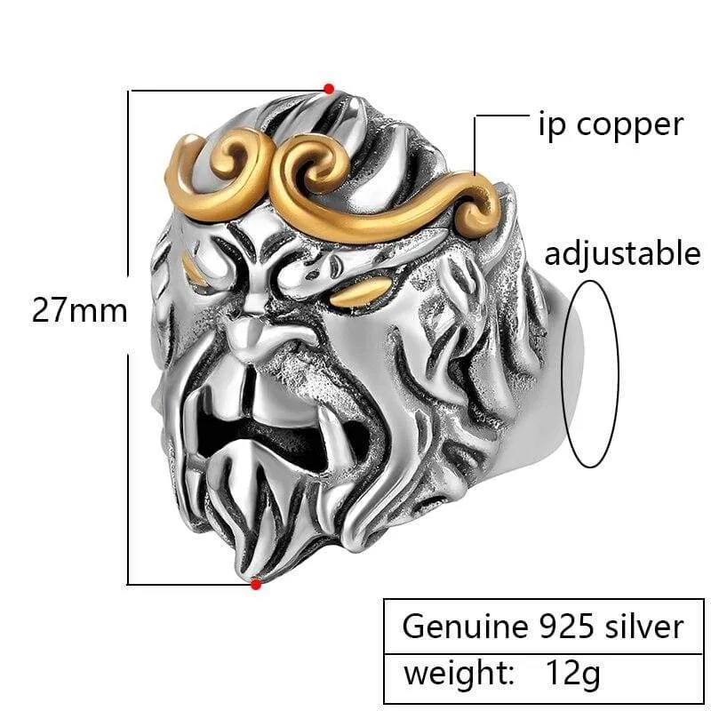 ZABRA Solid 925 Silver Rings Men Animal Monkey King Adjustable Vintage Punk Rock Biker Male Ring Silver Sterling Silver Jewelry (Resizable)