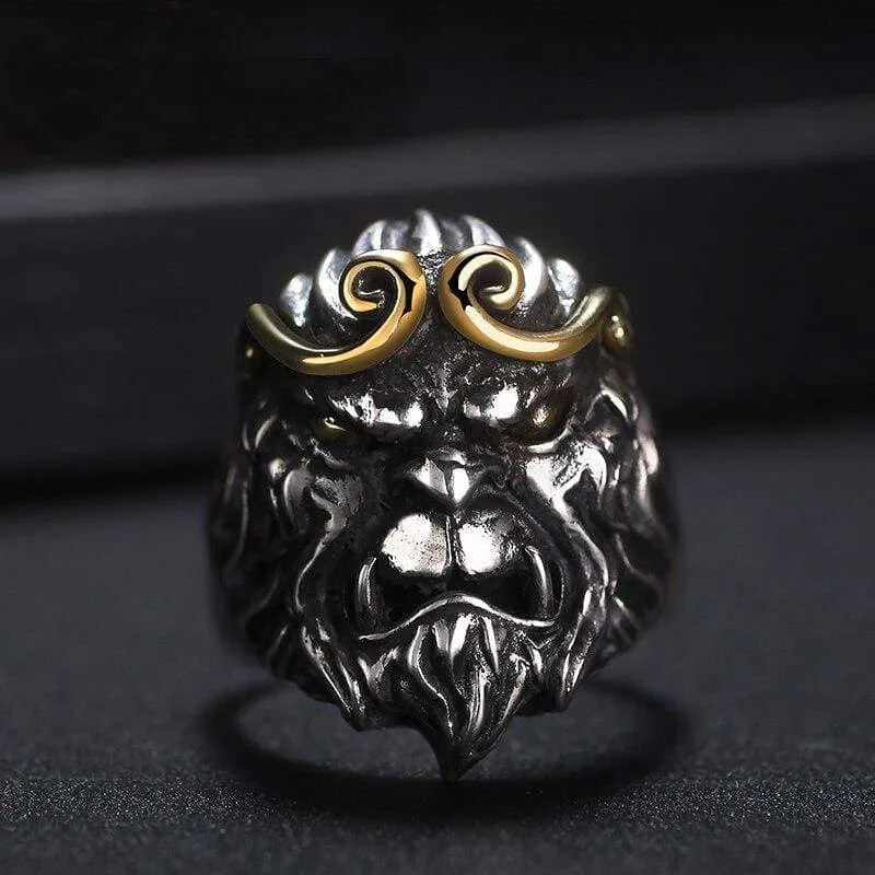 ZABRA Solid 925 Silver Rings Men Animal Monkey King Adjustable Vintage Punk Rock Biker Male Ring Silver Sterling Silver Jewelry (Resizable)
